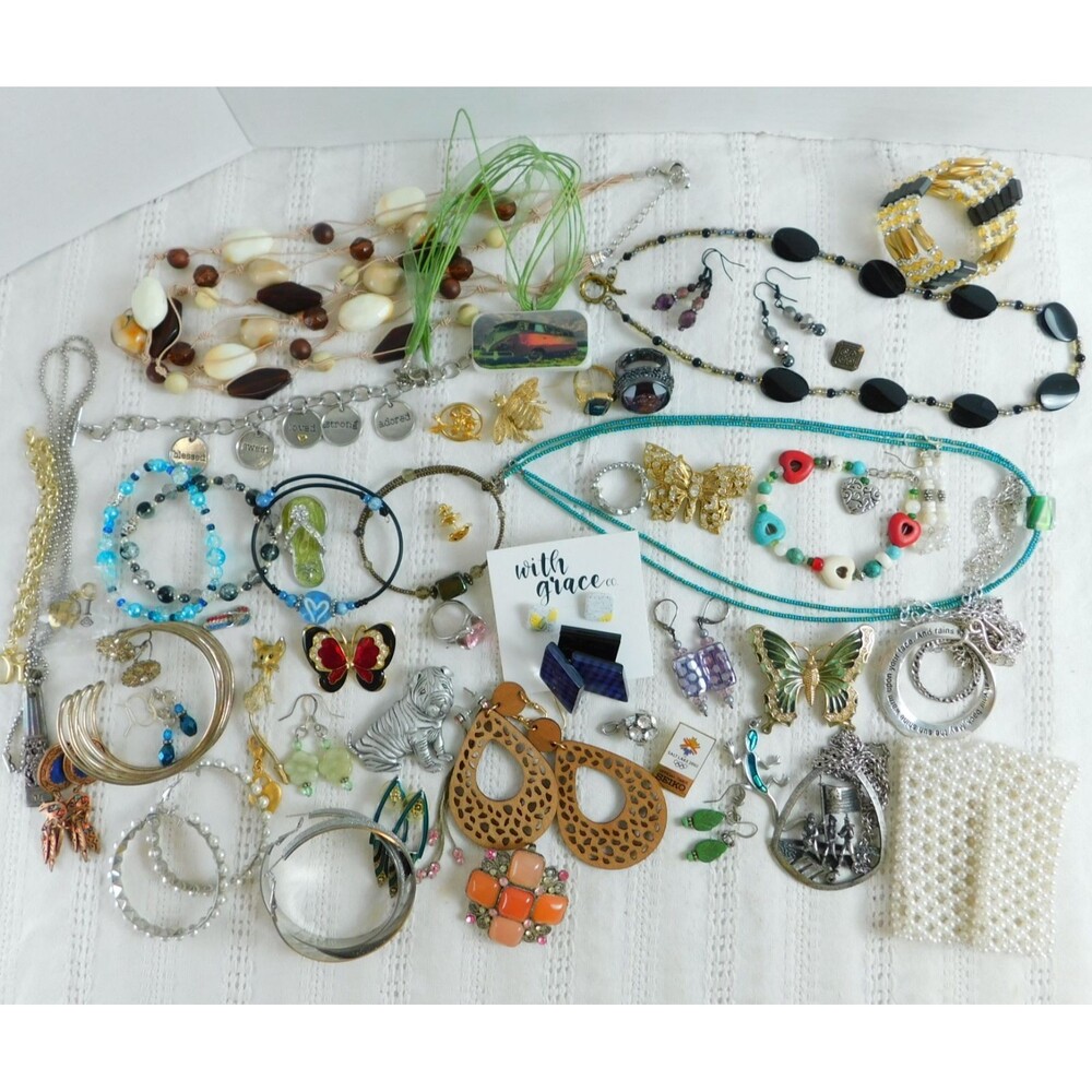 Jewelry Lot 58 Pieces Bracelets Necklaces Beads Butterflies Earrings Enamel Mix
